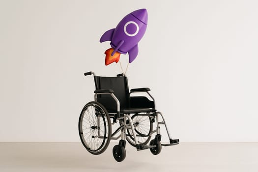 AI generated wheelchair playfully elevated by purple chubby rocket balloons symbolizing limitless disability potential and adventurous mobility white background empowerment concept