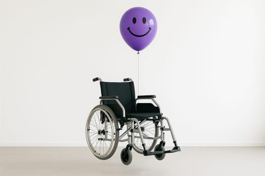 AI generated wheelchair gently elevated by cheerful purple smile balloons symbolizing joyful disability empowerment and inclusive mobility white background care concept