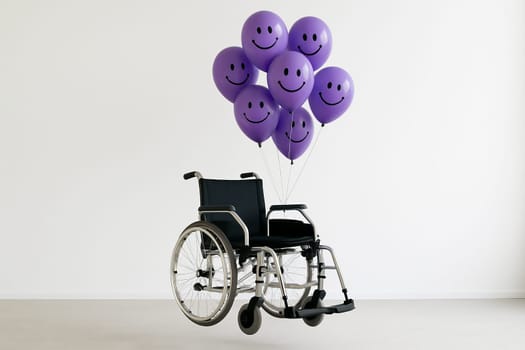 AI generated wheelchair slightly elevated with multiple purple smile balloons symbolizing disability empowerment and joyful mobility concept white background inclusive care