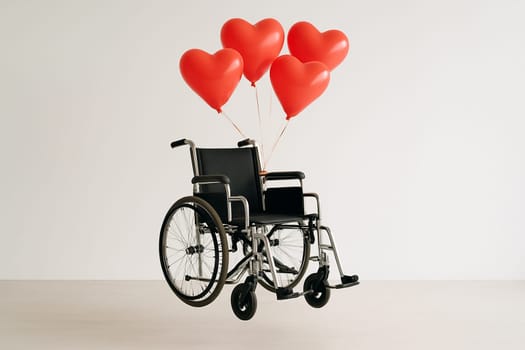 AI generated wheelchair gently elevated by red heart-shaped balloons symbolizing love and support for disability empowerment white background compassionate care concept