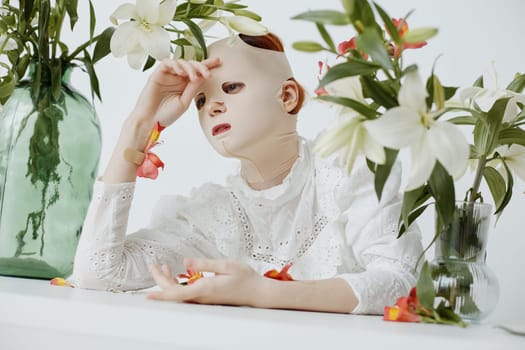 A serene scene featuring a contemplative model with a mask surrounded by white lilies, expressing beauty and vulnerability Perfect for themes of wellness and self care