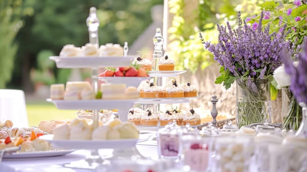 Outdoor wedding buffet table with lavender and a variety of dishes.