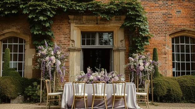Elegant outdoor dining table set for a celebration in a beautiful garden with a historic building backdrop and purple lavender bushes.