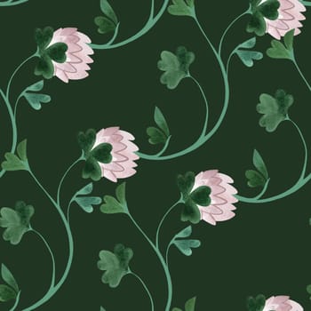 Textile seamless floral pattern with clover flowers and shamrocks in vintage style. Design for kitchen home textiles, tablecloths, curtains, bed linen, dress fabrics, wrapping paper