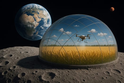AI generated futuristic space agriculture in a large glass dome on the moon or other planets showing advanced farming of crops and livestock solving Earths environmental and food resource problems
