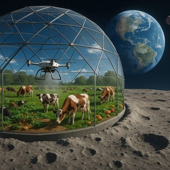AI generated futuristic space agriculture in a large glass dome on the moon or other planets showing advanced farming of crops and livestock solving Earths environmental and food resource problems