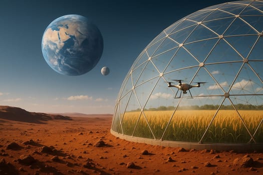AI generated futuristic space agriculture in a large glass dome on the moon or other planets showing advanced farming of crops and livestock solving Earths environmental and food resource problems