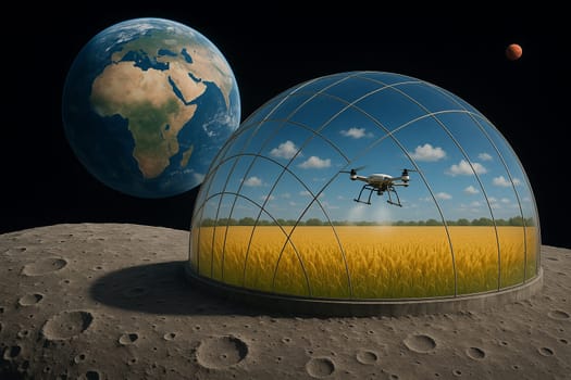 AI generated futuristic space agriculture in a large glass dome on the moon or other planets showing advanced farming of crops and livestock solving Earths environmental and food resource problems