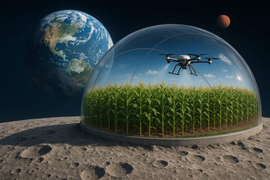 AI generated futuristic space agriculture in a large glass dome on the moon or other planets showing advanced farming of crops and livestock solving Earths environmental and food resource problems