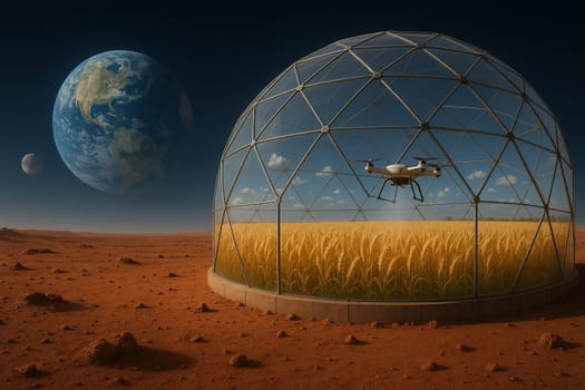 AI generated futuristic space agriculture in a large glass dome on the moon or other planets showing advanced farming of crops and livestock solving Earths environmental and food resource problems