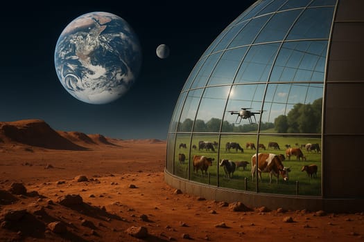 AI generated futuristic space agriculture in a large glass dome on the moon or other planets showing advanced farming of crops and livestock solving Earths environmental and food resource problems