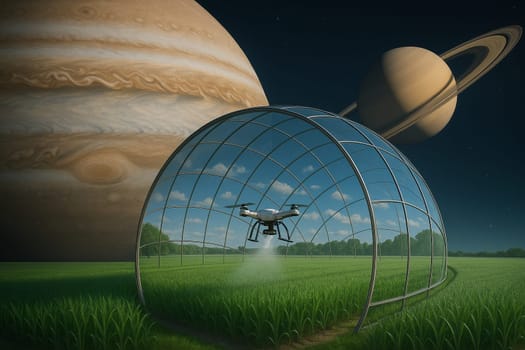 AI generated futuristic space agriculture in a large glass dome on the moon or other planets showing advanced farming of crops and livestock solving Earths environmental and food resource problems