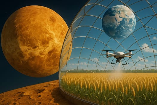 AI generated futuristic space agriculture in a large glass dome on the moon or other planets showing advanced farming of crops and livestock solving Earths environmental and food resource problems