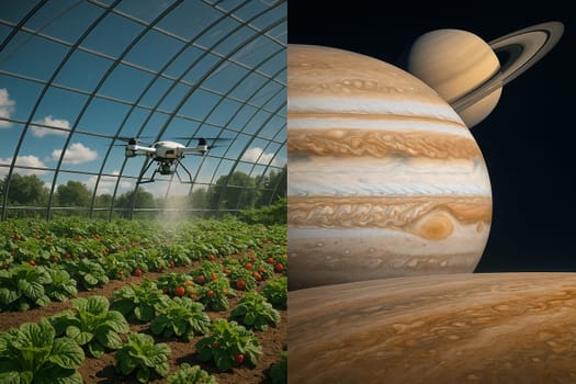 AI generated futuristic space agriculture in a large glass dome on the moon or other planets showing advanced farming of crops and livestock solving Earths environmental and food resource problems