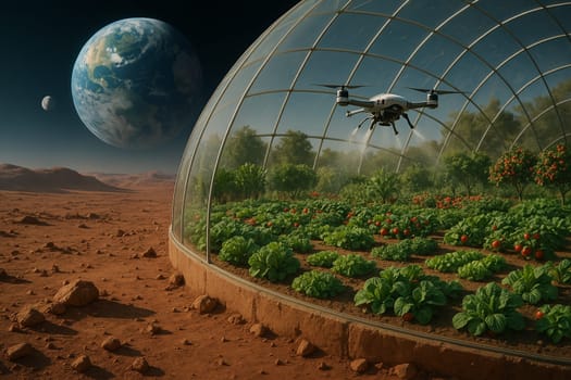 AI generated futuristic space agriculture in a large glass dome on the moon or other planets showing advanced farming of crops and livestock solving Earths environmental and food resource problems