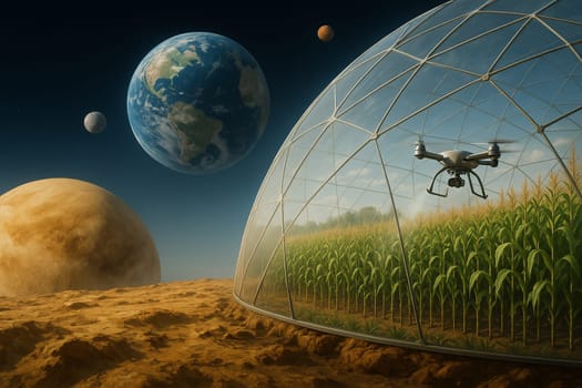 AI generated futuristic space agriculture in a large glass dome on the moon or other planets showing advanced farming of crops and livestock solving Earths environmental and food resource problems
