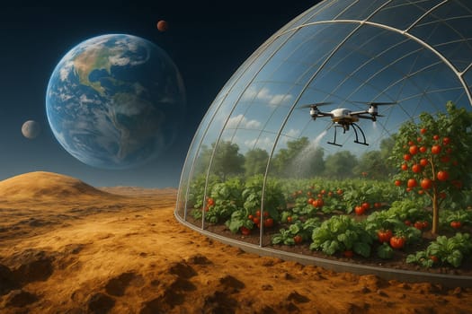 AI generated futuristic space agriculture in a large glass dome on the moon or other planets showing advanced farming of crops and livestock solving Earths environmental and food resource problems