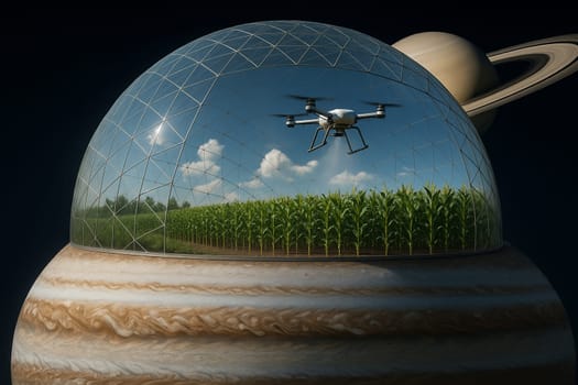AI generated futuristic space agriculture in a large glass dome on the moon or other planets showing advanced farming of crops and livestock solving Earths environmental and food resource problems