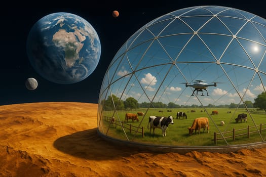AI generated futuristic space agriculture in a large glass dome on the moon or other planets showing advanced farming of crops and livestock solving Earths environmental and food resource problems