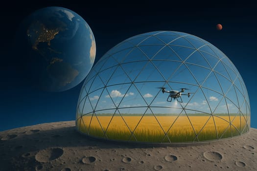 AI generated futuristic space agriculture in a large glass dome on the moon or other planets showing advanced farming of crops and livestock solving Earths environmental and food resource problems