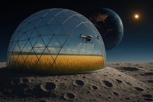 AI generated futuristic space agriculture in a large glass dome on the moon or other planets showing advanced farming of crops and livestock solving Earths environmental and food resource problems