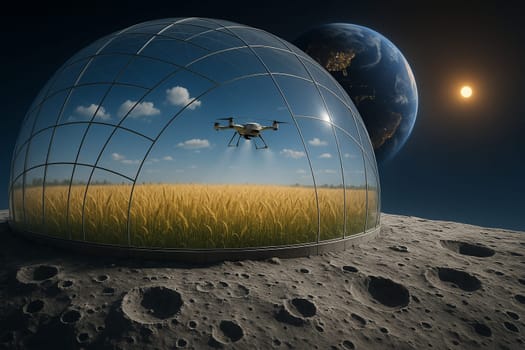 AI generated futuristic space agriculture in a large glass dome on the moon or other planets showing advanced farming of crops and livestock solving Earths environmental and food resource problems