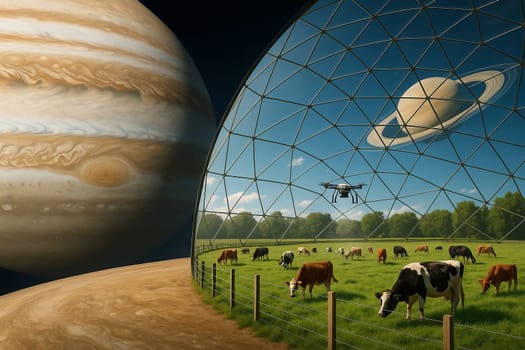AI generated futuristic space agriculture in a large glass dome on the moon or other planets showing advanced farming of crops and livestock solving Earths environmental and food resource problems