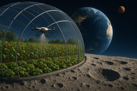 AI generated futuristic space agriculture in a large glass dome on the moon or other planets showing advanced farming of crops and livestock solving Earths environmental and food resource problems