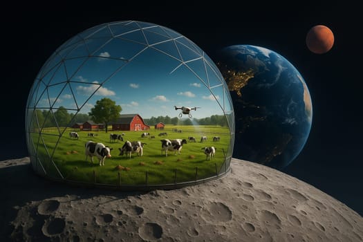 AI generated futuristic space agriculture in a large glass dome on the moon or other planets showing advanced farming of crops and livestock solving Earths environmental and food resource problems