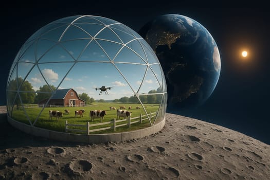 AI generated futuristic space agriculture in a large glass dome on the moon or other planets showing advanced farming of crops and livestock solving Earths environmental and food resource problems