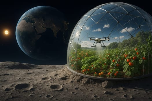 AI generated futuristic space agriculture in a large glass dome on the moon or other planets showing advanced farming of crops and livestock solving Earths environmental and food resource problems