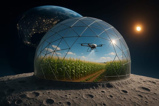 AI generated futuristic space agriculture in a large glass dome on the moon or other planets showing advanced farming of crops and livestock solving Earths environmental and food resource problems