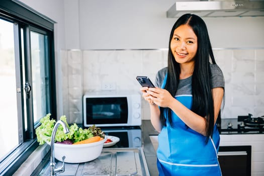 A smiling woman reads messages on her cellphone multitasking while cooking in the kitchen. Illustrating modern technology use in a cheerful housewife's routine at home. mobile phone