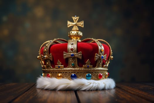 A beautifully crafted crown with red velvet and gold details rests on a wooden table, creating an aura of royalty and grandeur in a dimly lit setting. Generative AI.