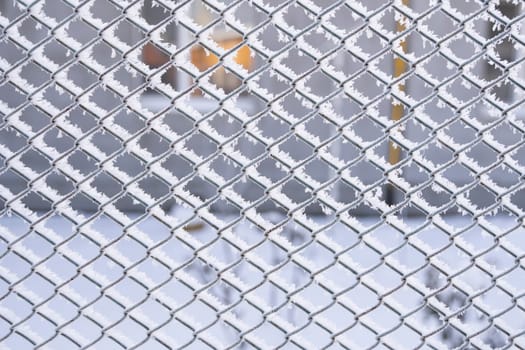A wide view of metal mesh fencing coated in frost crystals on a winter morning. The frozen geometry contrasts with a soft, snowy background in natural light.