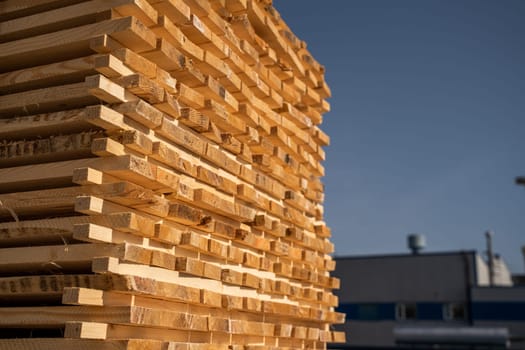 Raw timber boards stacked with even spacing to allow air circulation during the drying process, photographed in warm natural light from an angled view.