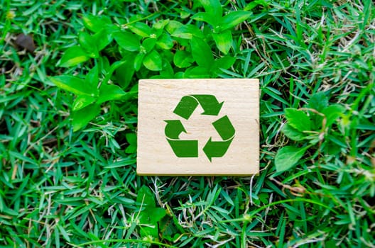 Top view of Recycle symbol on wooden block