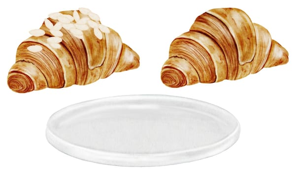 Croissant watercolor set. Hand drawn fresh french bun with a white plate. Food clip art. Ideal for bakery prints, postcards and pastry shop posters. High quality illustration