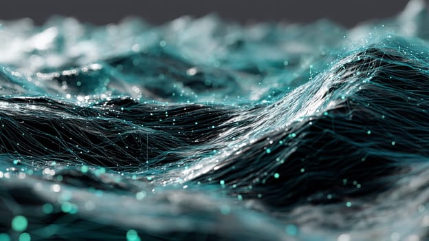Abstract gradient particle waves seamlessly flowing with soft purple light and bokeh. Orange and blue digital waves. Technology, engineering, science, and artificial intelligence background.