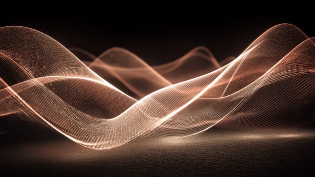 Abstract gradient particle waves seamlessly flowing with soft purple light and bokeh. Orange and blue digital waves. Technology, engineering, science, and artificial intelligence background.