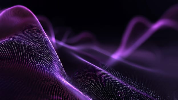 Abstract gradient particle waves seamlessly flowing with soft purple light and bokeh. Orange and blue digital waves. Technology, engineering, science, and artificial intelligence background.
