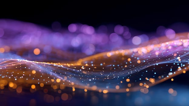Abstract gradient particle waves seamlessly flowing with soft purple light and bokeh. Orange and blue digital waves. Technology, engineering, science, and artificial intelligence background.