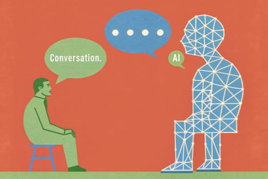 Businessman asks questions to robot artificial intelligence, human-robot relationship concept