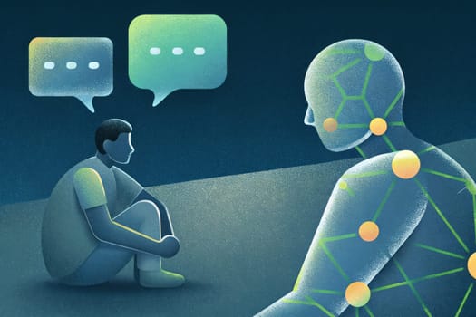A man is depressed and asks for help from an artificial intelligence chat. Conversation with a humanoid robot.human-robot relationship concept