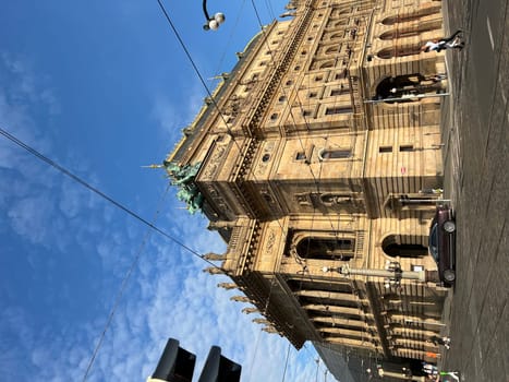 Prague, Czech Republic 26.05, 2023: National Theatre in Prague showcases stunning architecture against a blue sky, highlighting its intricate design and cultural significance in the heart of the city