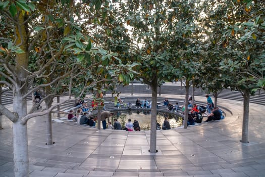 People gather around a circular pond in a park, sitting on steps and benches, with trees surrounding the area.
