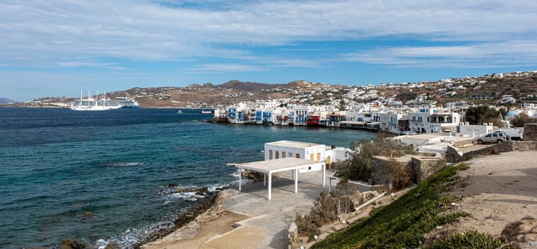 MYKONOS, GREECE - October 19, 2024: Homes and Ships in Mykonos Greece