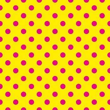 Seamless vector pattern with big pink polka dots on a sunny yellow background. For tile desktop wallpaper or decoration website design