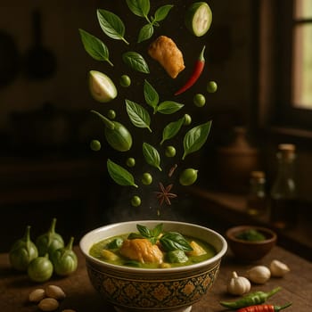 AI generated vibrant thai green curry with fresh ingredients and aromatic herbs falling into ornate thai bowl spicy coconut milk rich flavor asian cuisine authentic cooking