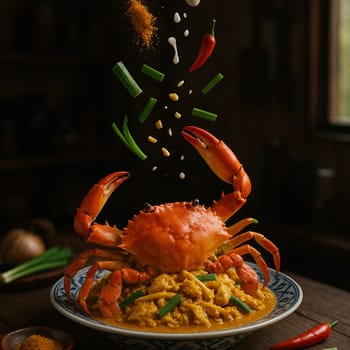 AI generated flavorful thai crab yellow curry stir fry with fresh ingredients falling into ornate thai bowl rich coconut milk turmeric spices aromatic herbs seafood delicacy